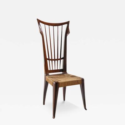Guglielmo Pecorini 1940s Guglielmo Pecorini rare set four sculpted walnut straw dining chairs