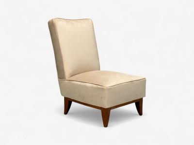 Guglielmo Pecorini Stained Wood Beige Velvet Low Lounge Chair Italy 1950s