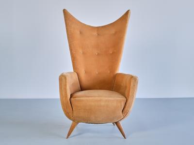 Guglielmo Ulrich Exceptional Guglielmo Ulrich Armchair in Velvet and Fluted Walnut Italy 1940s