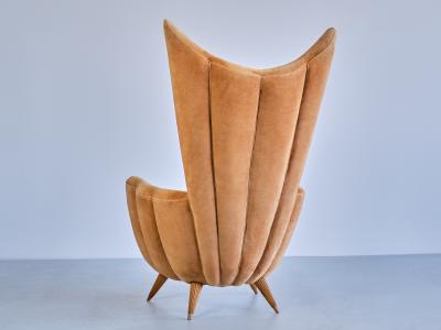 Guglielmo Ulrich Exceptional Guglielmo Ulrich Armchair in Velvet and Fluted Walnut Italy 1940s
