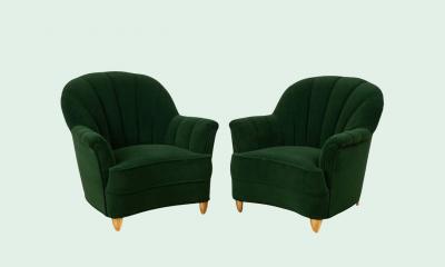 Guglielmo Ulrich Pair of Art Deco Lounge Chairs with Green Mohair Channel Back Italy