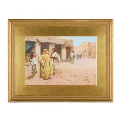 Guilio Rosati Antique Italian Orientalist watercolour of a market square by Rosati