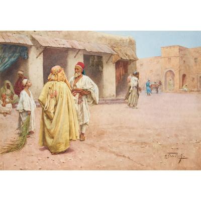 Guilio Rosati Antique Italian Orientalist watercolour of a market square by Rosati