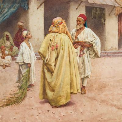 Guilio Rosati Antique Italian Orientalist watercolour of a market square by Rosati