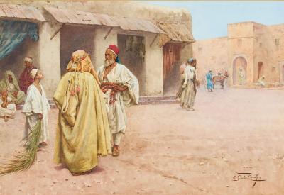 Guilio Rosati Antique Italian Orientalist watercolour of a market square by Rosati