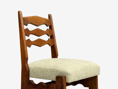 Guillerme Chambron Dining Chair Oak Green Fabric France 1950s
