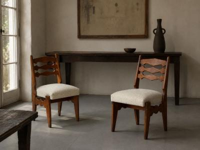 Guillerme et Chambron Guillerme Chambron Dining Chairs Oak Green Fabric France 1950s