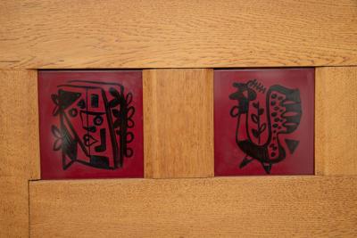 Guillerme et Chambron Large Mid Century Modern Oak and Ceramic Sideboard by Guillerme and Chambron