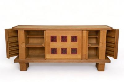 Guillerme et Chambron Large Mid Century Modern Oak and Ceramic Sideboard by Guillerme and Chambron