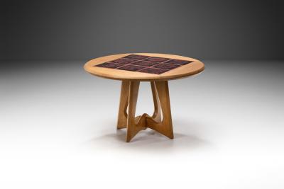 Guillerme et Chambron Oak Coffee Table with Black and Red Ceramic Tiles France 1950s