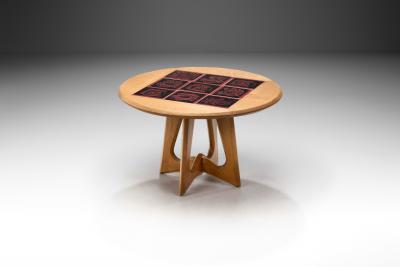 Guillerme et Chambron Oak Coffee Table with Black and Red Ceramic Tiles France 1950s