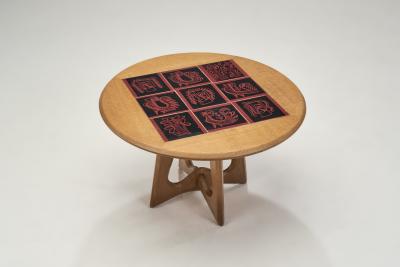 Guillerme et Chambron Oak Coffee Table with Black and Red Ceramic Tiles France 1950s