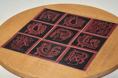Guillerme et Chambron Oak Coffee Table with Black and Red Ceramic Tiles France 1950s