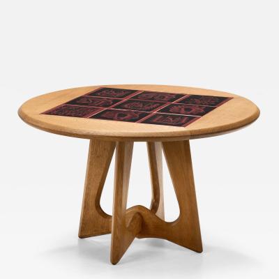Guillerme et Chambron Oak Coffee Table with Black and Red Ceramic Tiles France 1950s