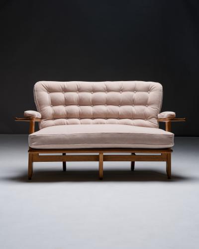 Guillerme et Chambron Oak Settee with Tufted Cushions in New Mohair Upholstery France c 1950
