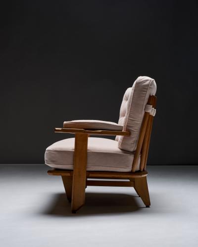 Guillerme et Chambron Oak Settee with Tufted Cushions in New Mohair Upholstery France c 1950