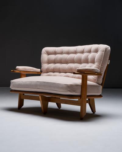 Guillerme et Chambron Oak Settee with Tufted Cushions in New Mohair Upholstery France c 1950