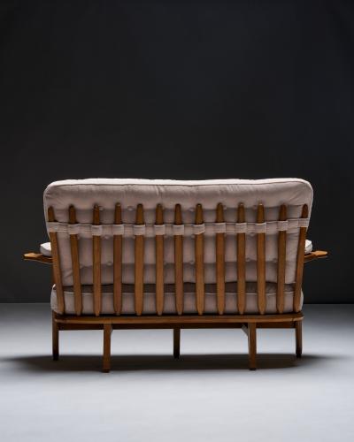 Guillerme et Chambron Oak Settee with Tufted Cushions in New Mohair Upholstery France c 1950