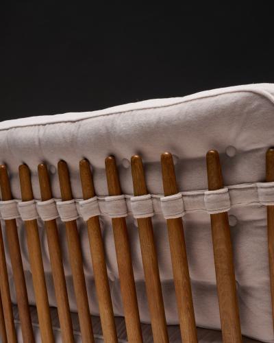 Guillerme et Chambron Oak Settee with Tufted Cushions in New Mohair Upholstery France c 1950