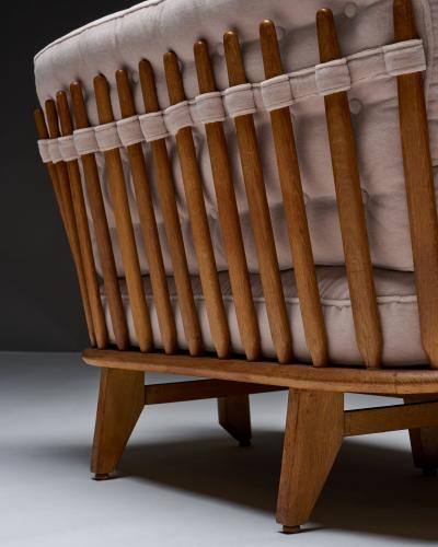 Guillerme et Chambron Oak Settee with Tufted Cushions in New Mohair Upholstery France c 1950