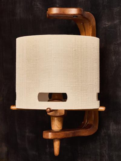 Guillerme et Chambron Pair of Guillerme et Chambron Wood and Ceramic Wall Sconces with Modern Shades