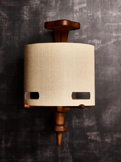 Guillerme et Chambron Pair of Guillerme et Chambron Wood and Ceramic Wall Sconces with Modern Shades