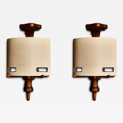 Guillerme et Chambron Pair of Guillerme et Chambron Wood and Ceramic Wall Sconces with Modern Shades
