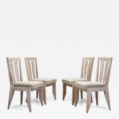 Guillerme et Chambron Set of 4 Dining Chairs With Openwork Backs in Limed Oak France 1960s