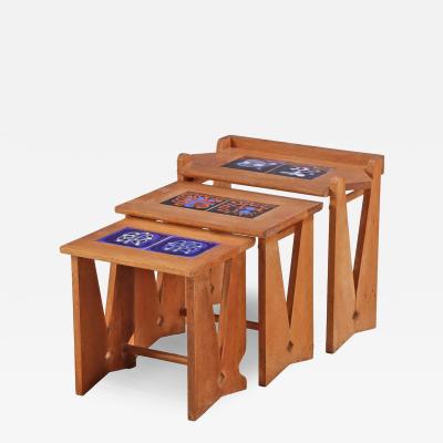 Guillerme et Chambron Set of Three Oak and Ceramic Tile Nesting Tables by Guillerme et Chambron