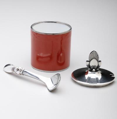 Gundorph Albertus Georg Jensen Cactus Mustard Pot Spoon with Royal Copenhagen Red Pot