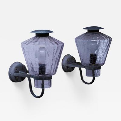 Gunnar Asplund Pair of copper and patterned glass wall lamps Sweden 1930s