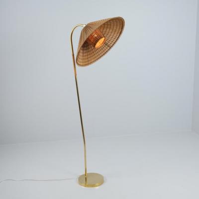 Gunnel Nyman Rare Gunnel Nyman Brass Rattan Floor Lamp Model No 62043 by Idman 1940s