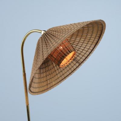 Gunnel Nyman Rare Gunnel Nyman Brass Rattan Floor Lamp Model No 62043 by Idman 1940s