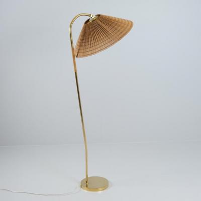 Gunnel Nyman Rare Gunnel Nyman Brass Rattan Floor Lamp Model No 62043 by Idman 1940s