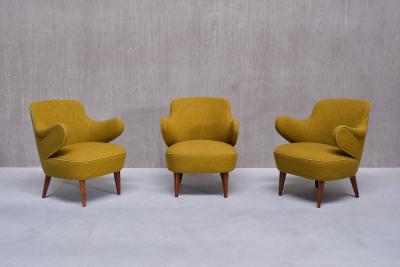 Gustav Axel Berg Set of 3 Gustaf Axel Berg Attributed Armchairs Birch and Chartreuse Wool 1940s