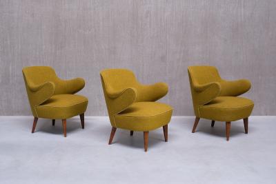 Gustav Axel Berg Set of 3 Gustaf Axel Berg Attributed Armchairs Birch and Chartreuse Wool 1940s