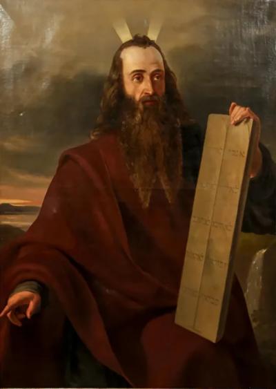 Gustav Dittenberger A Large Oil on Canvas Painting of Moses with the 10 Commandments