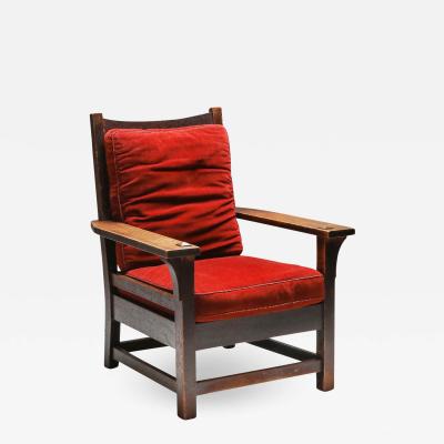 Gustav Stickley Gustav Stickley Oak Armchair with Red Velvet 1900s