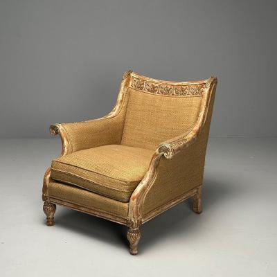 Gustavian Italian Renaissance Style Chair Burlap Distressed Paint Giltwood