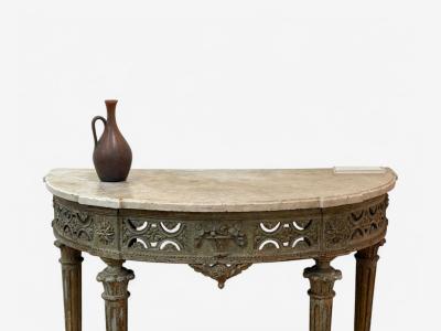 Gustavian Louis XI Painted Wood Marble Demilune Console Table France 1780