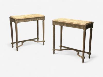Gustavian Louis XVI Style Console Tables Distressed Grey Wood Marble France