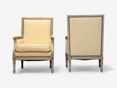 Gustavian Louis XVI Style Lounge Chairs Grey Painted Wood Fabric 1940s