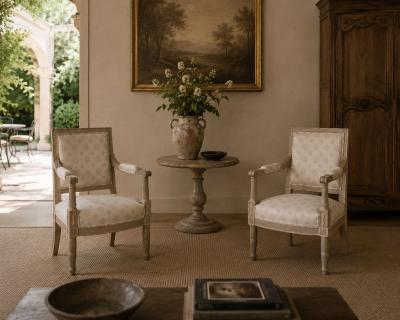Gustavian Lounge Chairs Grey Paint Decorated Fabric Sweden 19th c 
