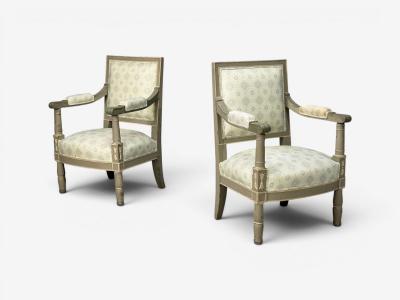 Gustavian Lounge Chairs Grey Paint Decorated Fabric Sweden 19th c 