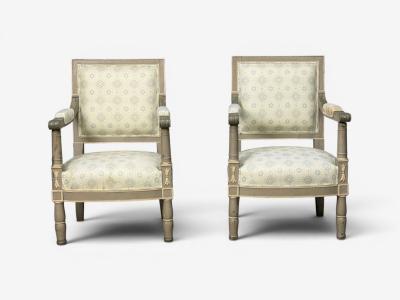 Gustavian Lounge Chairs Grey Paint Decorated Fabric Sweden 19th c 