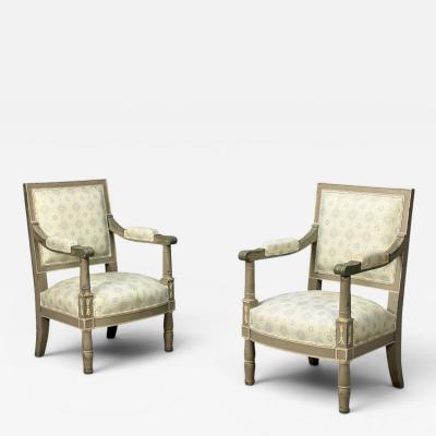 Gustavian Lounge Chairs Grey Paint Decorated Fabric Sweden 19th c 