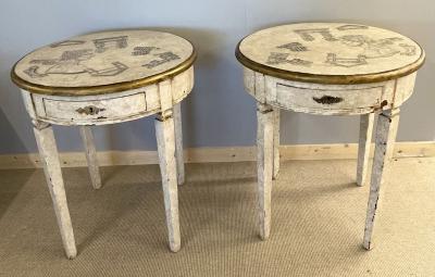 Gustavian Pair of End Side Tables Swedish Paint Decorated Fornasetti Style