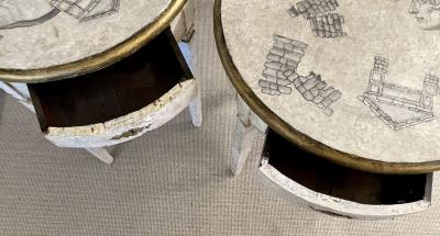 Gustavian Pair of End Side Tables Swedish Paint Decorated Fornasetti Style
