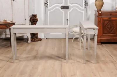 Gustavian Period 1810s Swedish Gray Painted Console Tables with Carved Garlands