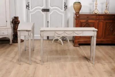 Gustavian Period 1810s Swedish Gray Painted Console Tables with Carved Garlands